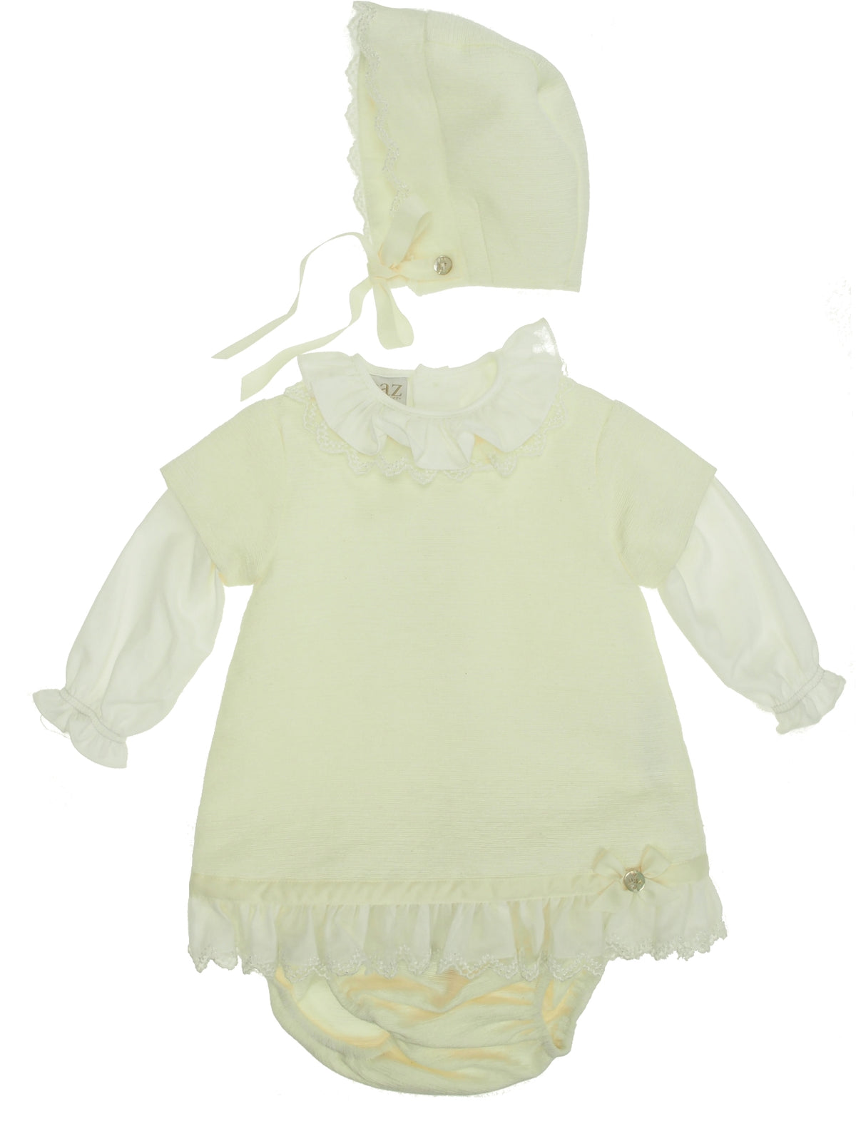 Vestido+touca+blusa+cueca Creme / Pérola para Bebé Menina - Paz Rodriguez