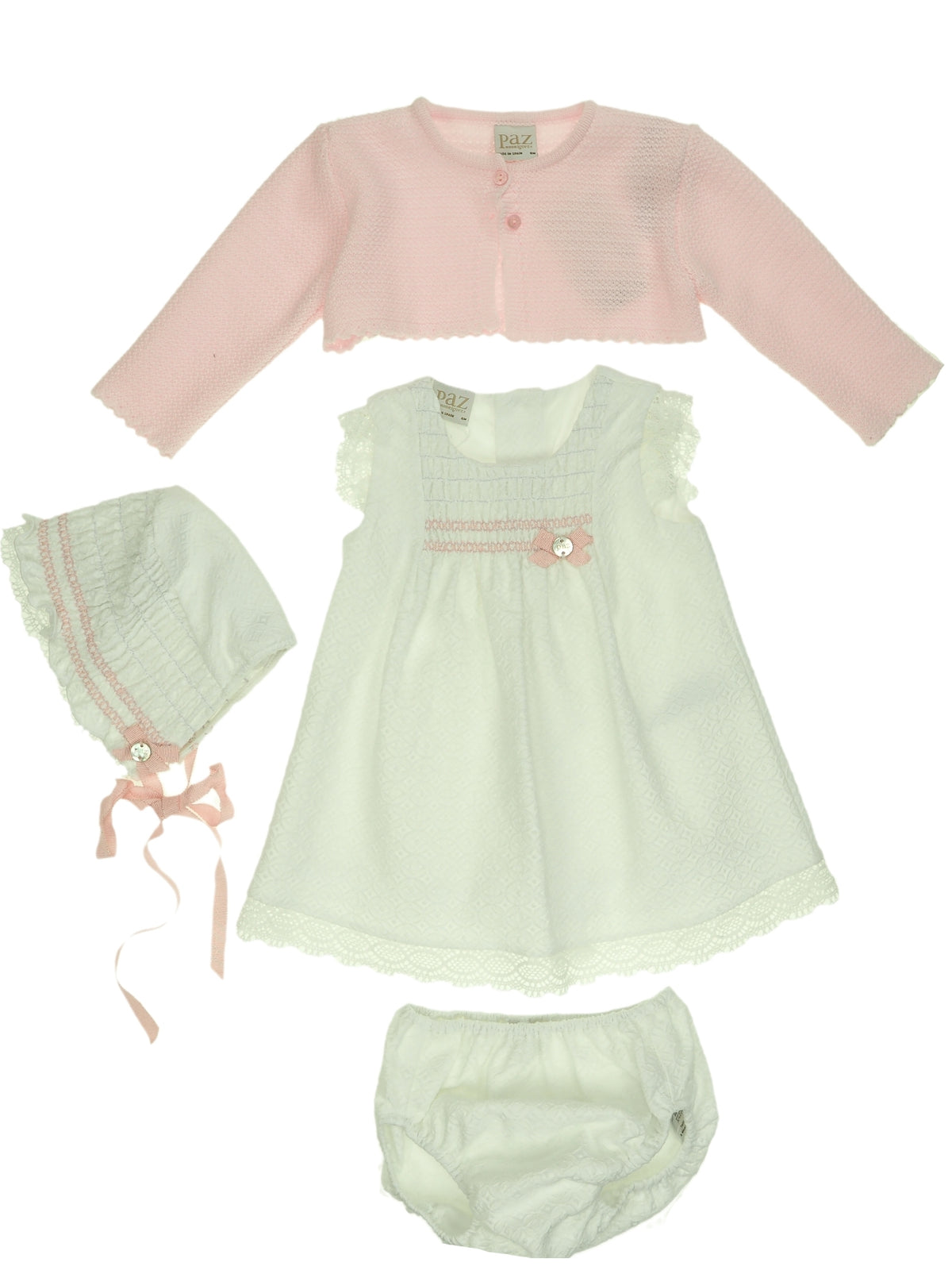 Vestido + touca + casaco Rosa para Bebé Menina - Paz Rodriguez