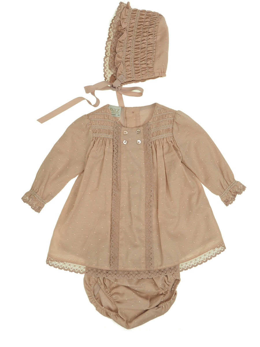 Vestido + cueca + touca Castanho Claro para Bebé Menina - Paz Rodriguez