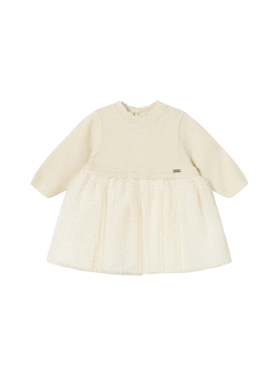 Vestido tricô tule plissado Champanhe (Creme / Pérola)  para Bebé Menina - Mayoral