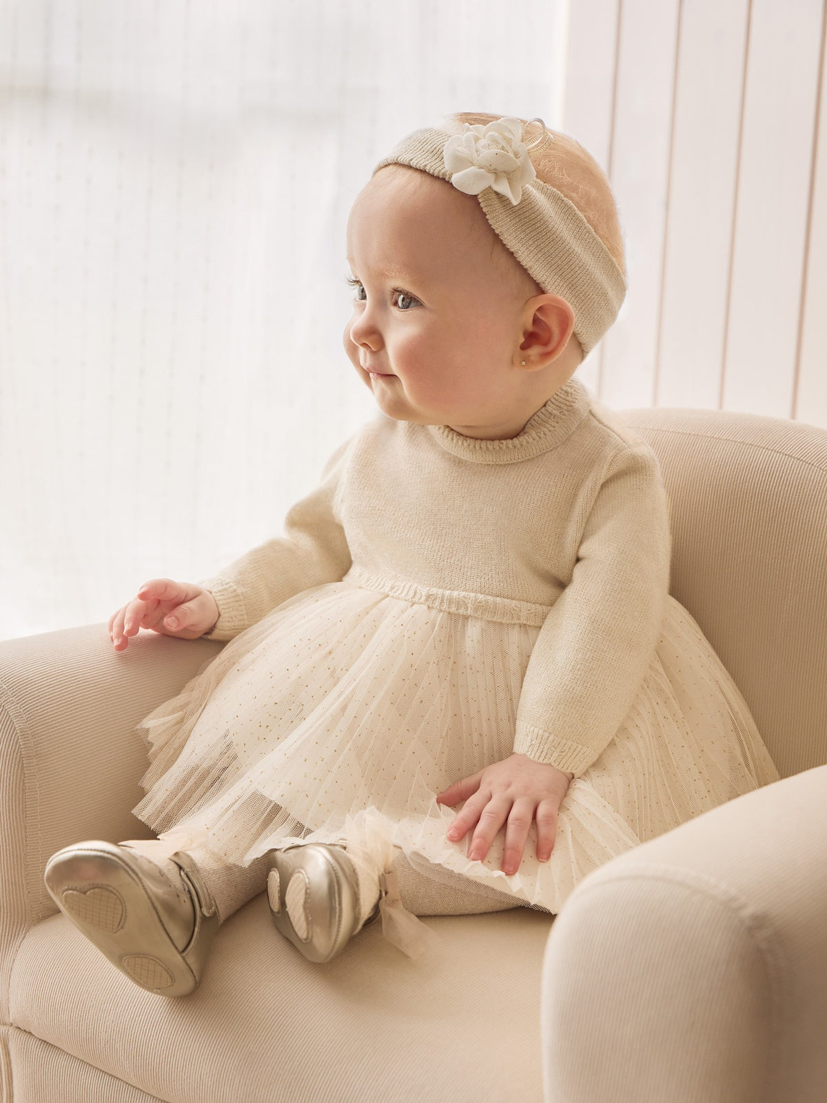 Vestido tricô tule plissado Champanhe (Creme / Pérola)  para Bebé Menina - Mayoral