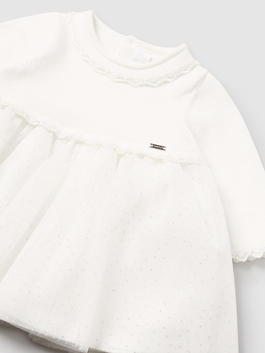 Vestido combinado tricot Crú (Creme / Pérola)  para Bebé Menina - Mayoral