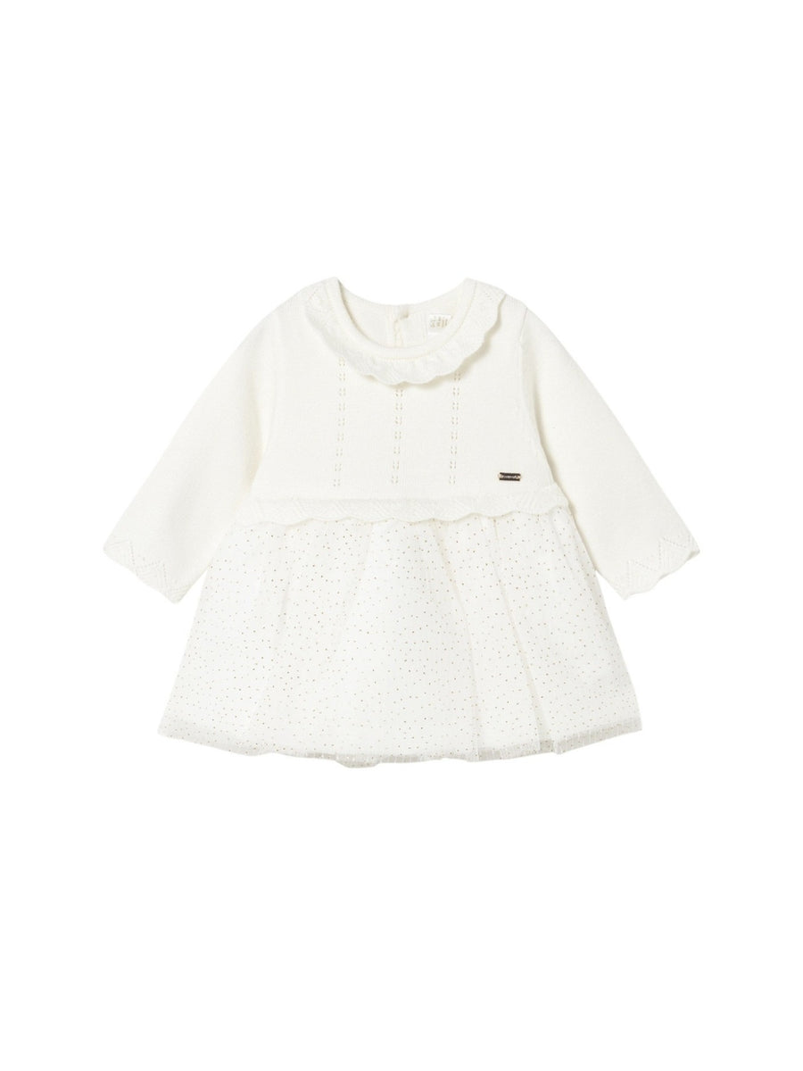Vestido tricô e tule Crú (Creme / Pérola)  para Bebé Menina - Mayoral