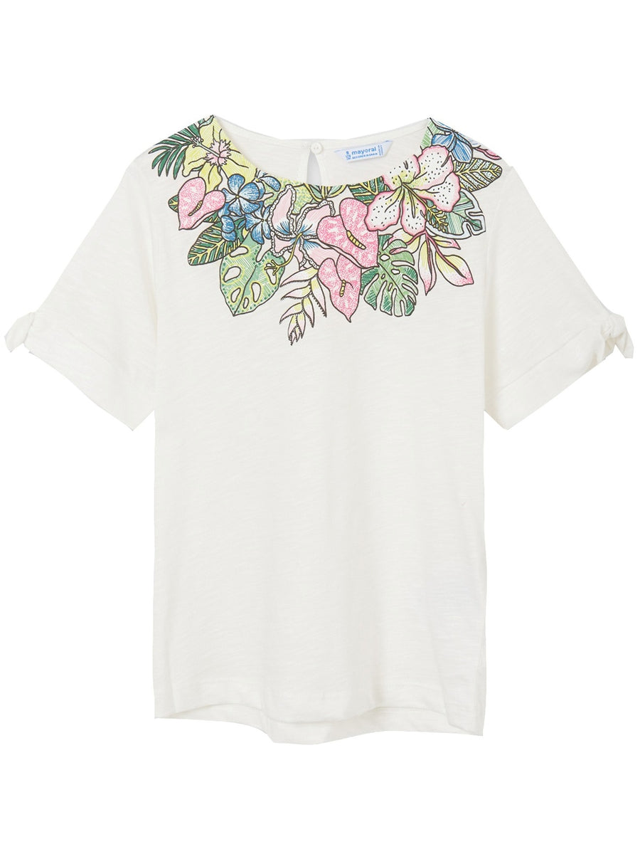 T-shirt folhas gola Crú        (Creme / Pérola)  para Menina - Mayoral