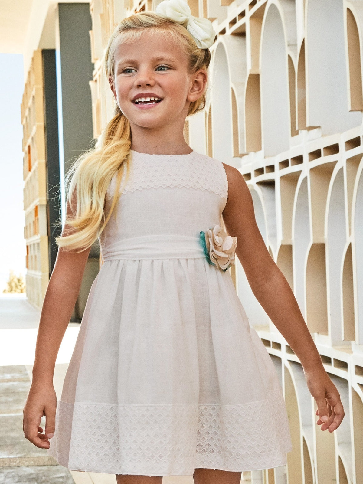 Vestido combinado guipur Crú (Creme / Pérola)  para Menina - Mayoral