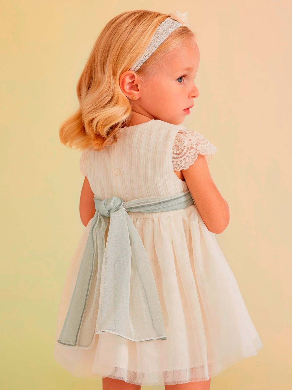 Vestido tule plissado Crú-anís (Creme / Pérola)  para Bebé Menina - Abel & Lula