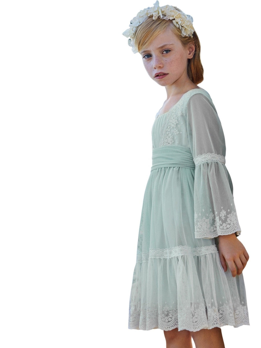 Vestido tule bordado Crú-anís (Creme / Pérola)  para Menina - Abel & Lula