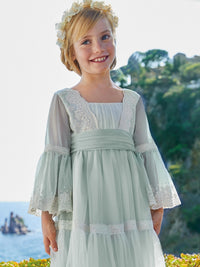 Vestido tule bordado Crú-anís (Creme / Pérola)  para Menina - Abel & Lula