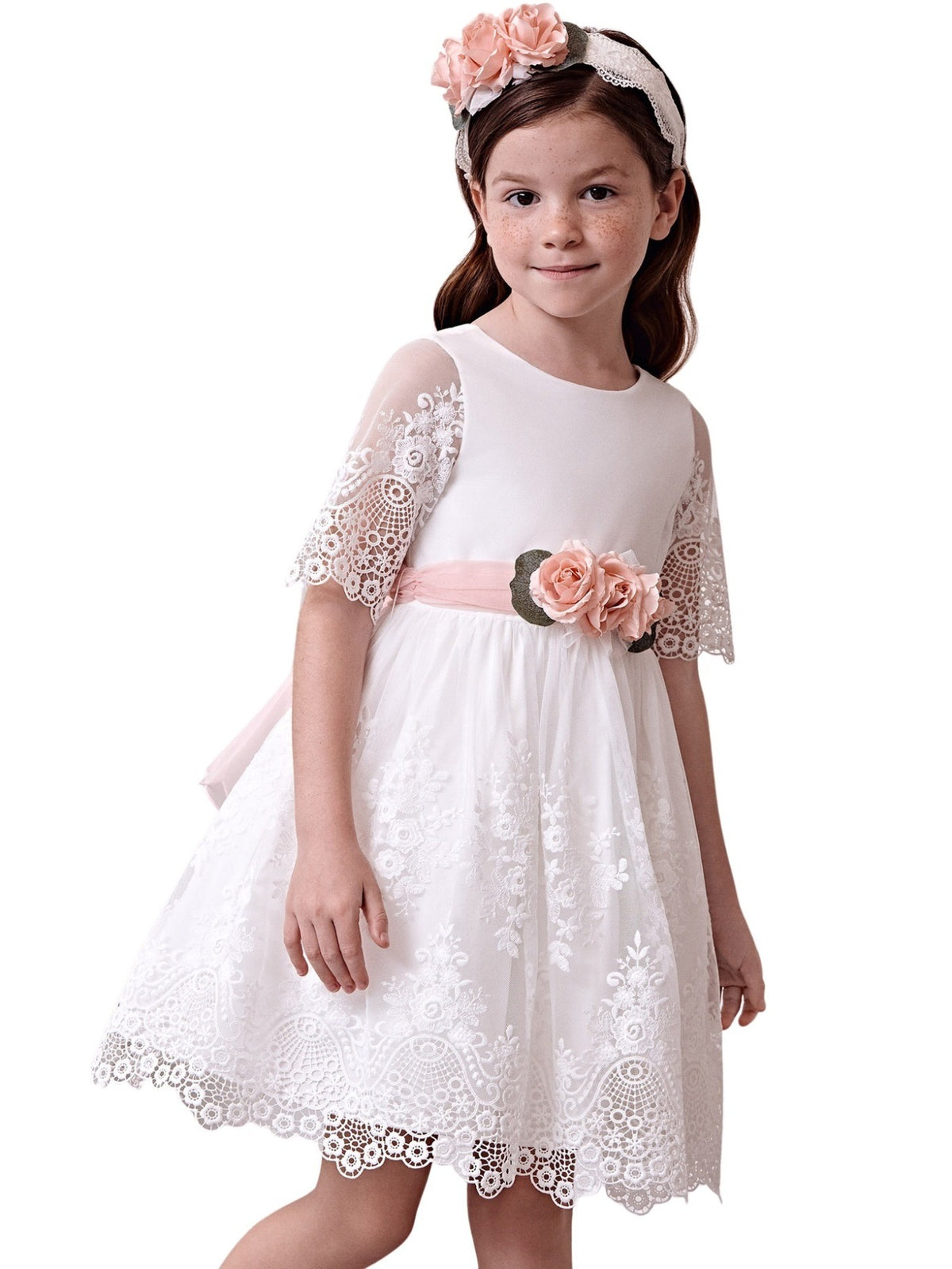 Vestido tule bordado guipur Nata (Creme / Pérola)  para Menina - Abel & Lula