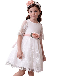 Vestido tule bordado guipur Nata (Creme / Pérola)  para Menina - Abel & Lula