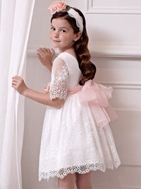Vestido tule bordado guipur Nata (Creme / Pérola)  para Menina - Abel & Lula