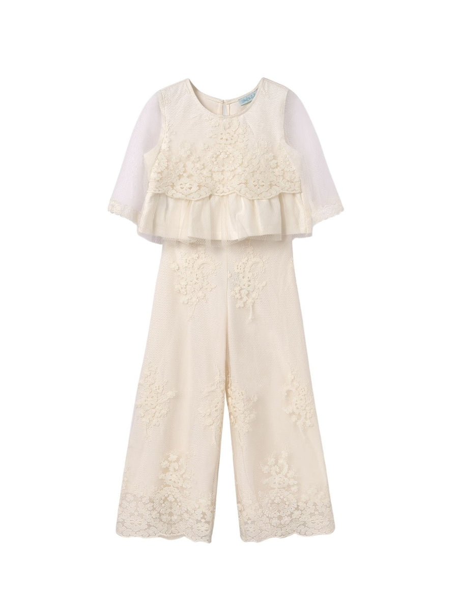 Conj. calça tule jacquard Crú (Creme / Pérola)  para Menina - Abel & Lula