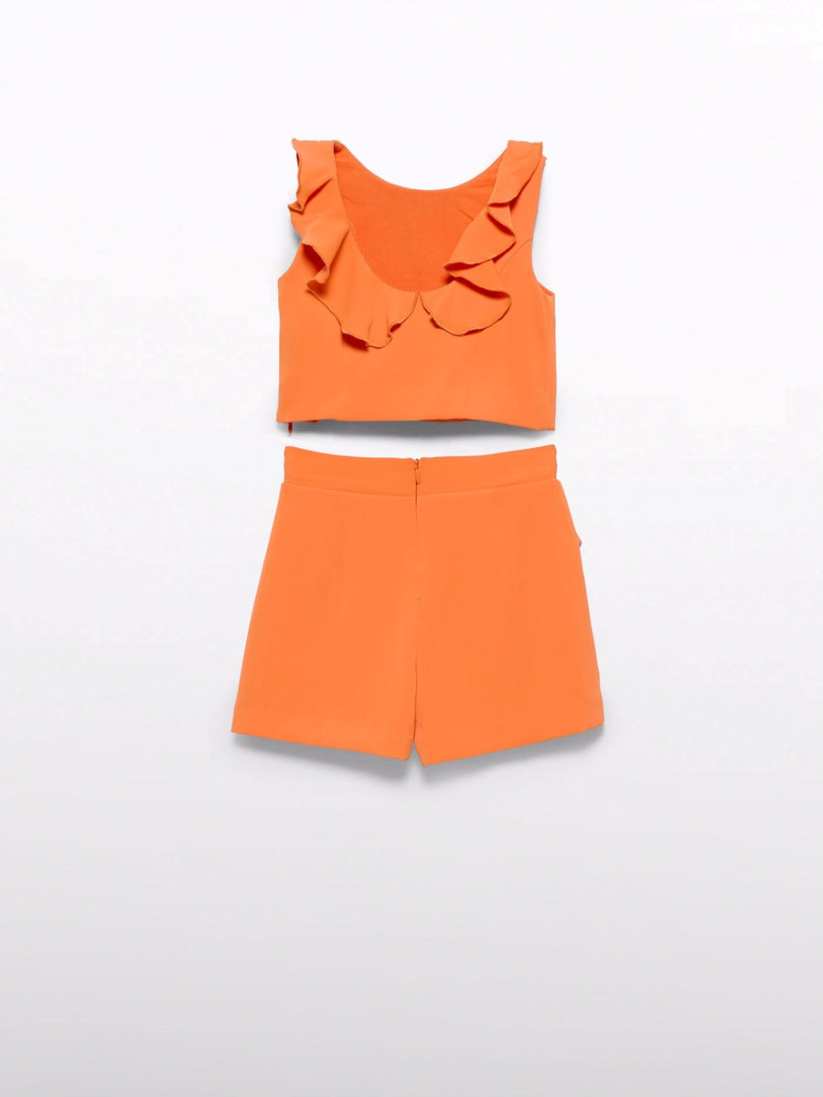 Conj. bermuda crepe folhos Diospiro (Laranja Outono)  para Menina - Abel & Lula
