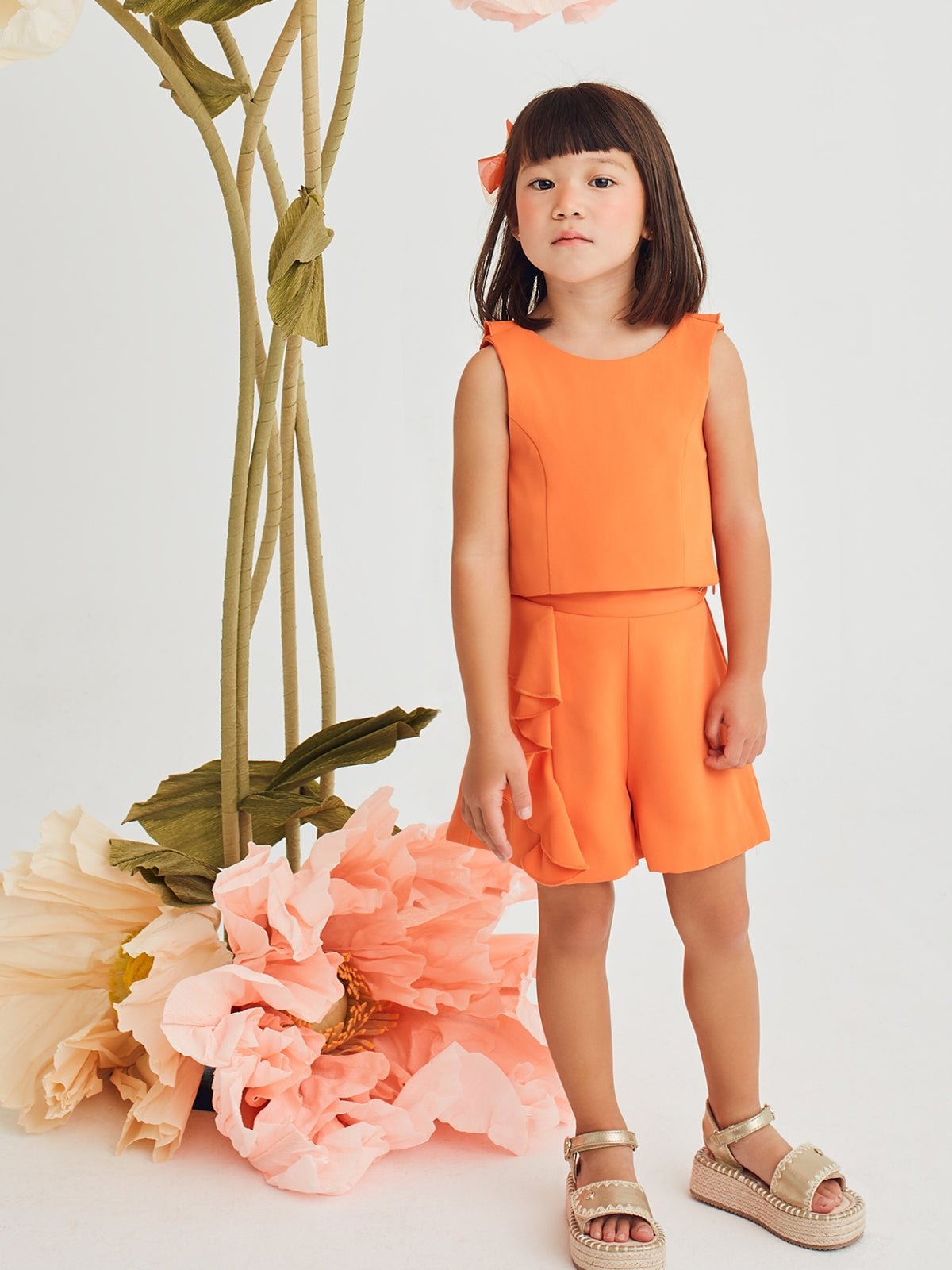 Conj. bermuda crepe folhos Diospiro (Laranja Outono)  para Menina - Abel & Lula