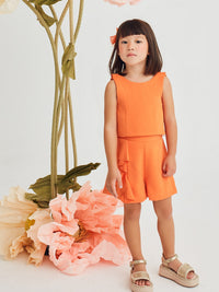 Conj. bermuda crepe folhos Diospiro (Laranja Outono)  para Menina - Abel & Lula