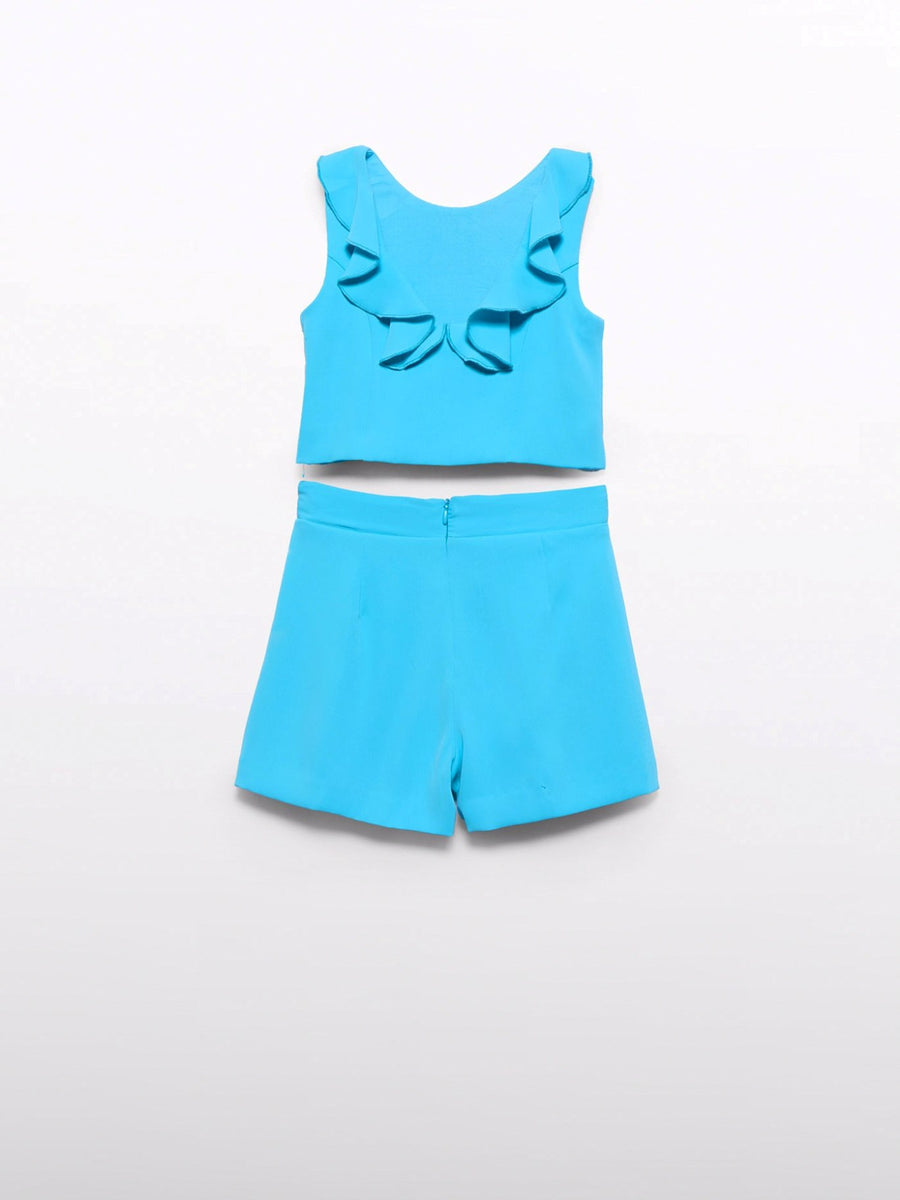 Conj. bermuda crepe folhos Turquesa (Turquesa)  para Menina - Abel & Lula