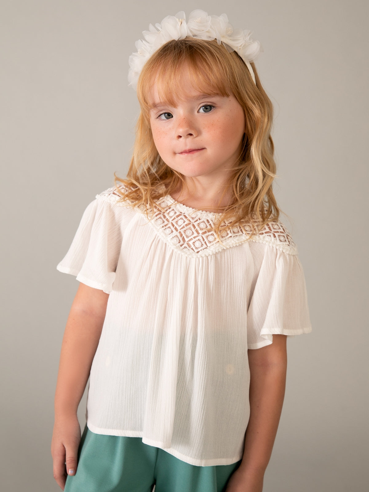 Blusa guipura combinada Nata (Creme / Pérola)  para Menina - Mayoral