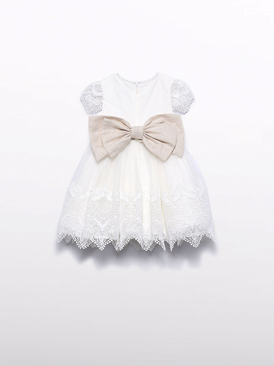 Vestido tule bordado guipur Nata (Creme / Pérola)  para Bebé Menina - Abel & Lula
