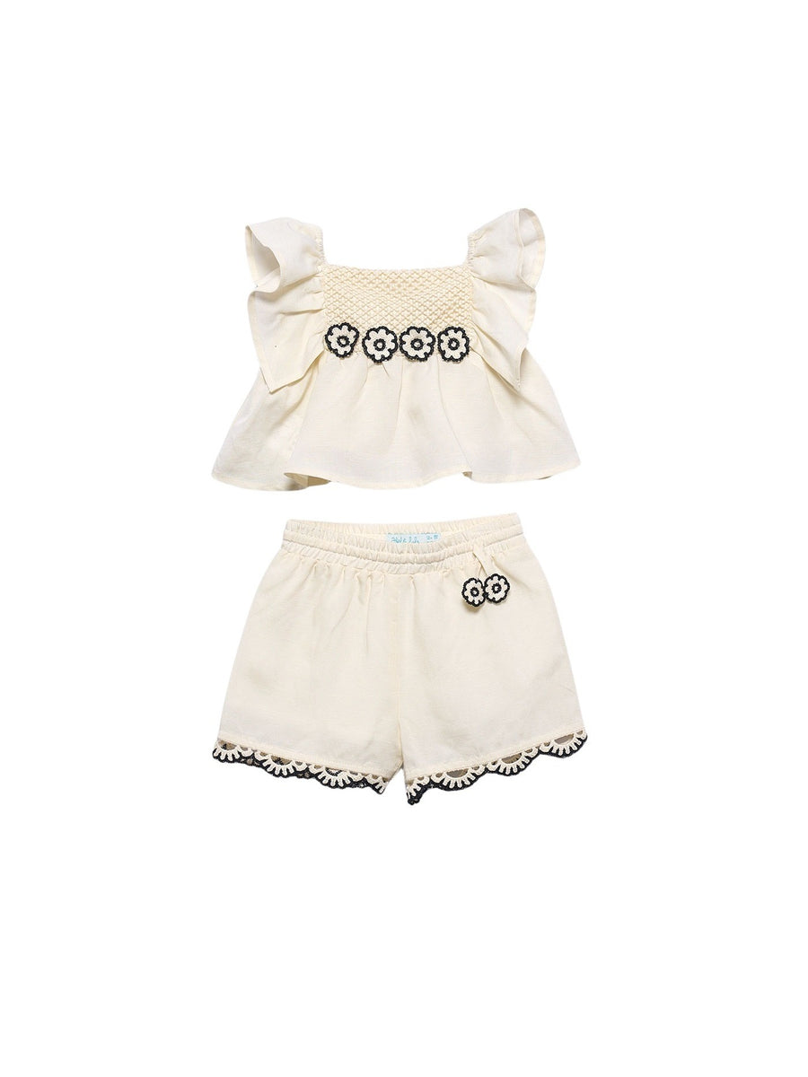 Conj. bermuda apli. crochet Creme (Creme / Pérola)  para Bebé Menina - Abel & Lula