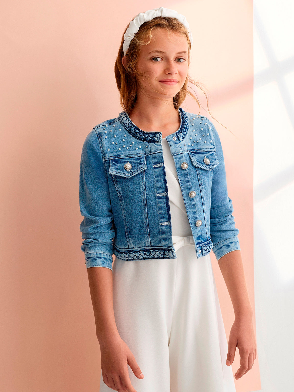 Jaqueta denim pérolas Bleached (Ganga c/ Lavagem)  para Menina - Abel & Lula